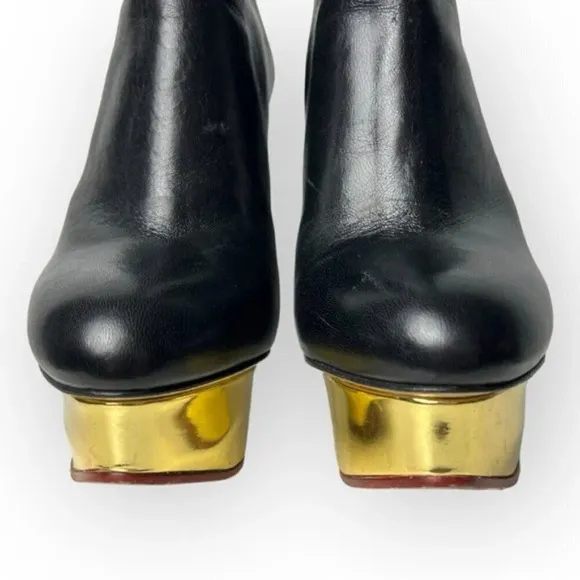 Charlotte Olympia Black Lucinda Golden Platform Ankle Boot 36.5