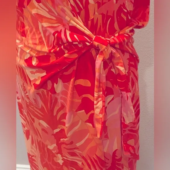 Chico's Pink Coral Tropical Print Side Tie Stretch Knit Dress 12 14 NWT