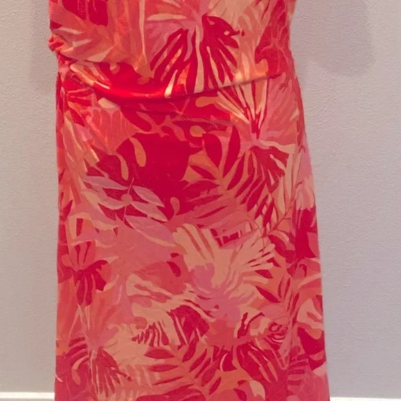 Chico's Pink Coral Tropical Print Side Tie Stretch Knit Dress 12 14 NWT