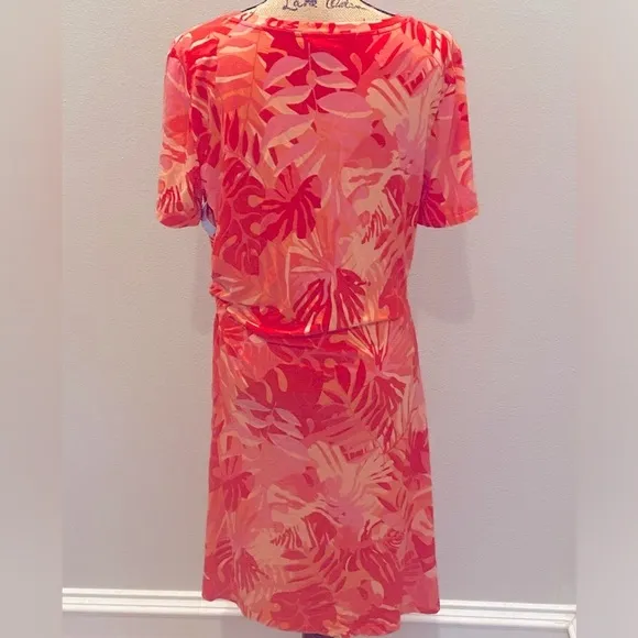 Chico's Pink Coral Tropical Print Side Tie Stretch Knit Dress 12 14 NWT