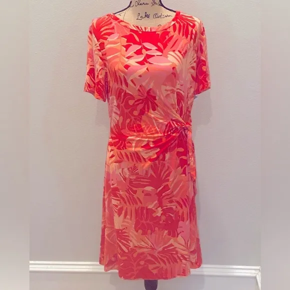 Chico's Pink Coral Tropical Print Side Tie Stretch Knit Dress 12 14 NWT