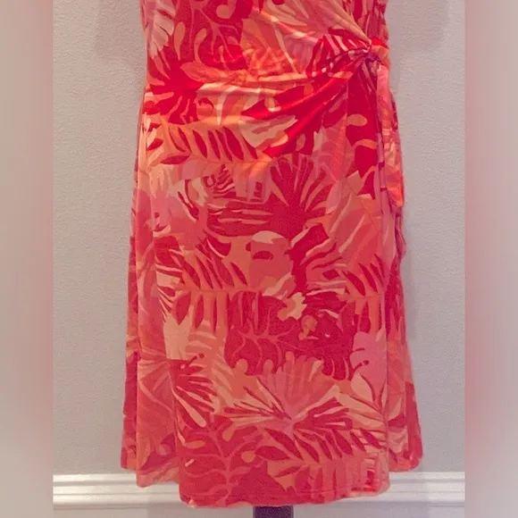 Chico's Pink Coral Tropical Print Side Tie Stretch Knit Dress 12 14 NWT
