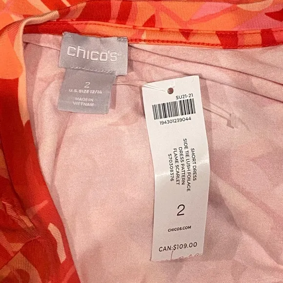 Chico's Pink Coral Tropical Print Side Tie Stretch Knit Dress 12 14 NWT