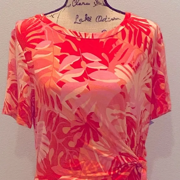Chico's Pink Coral Tropical Print Side Tie Stretch Knit Dress 12 14 NWT