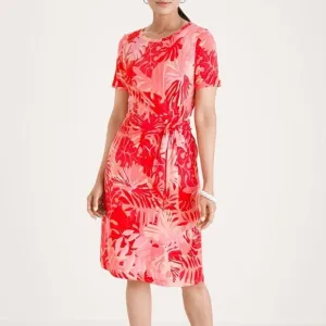 Chico's Pink Coral Tropical Print Side Tie Stretch Knit Dress 12 14 NWT