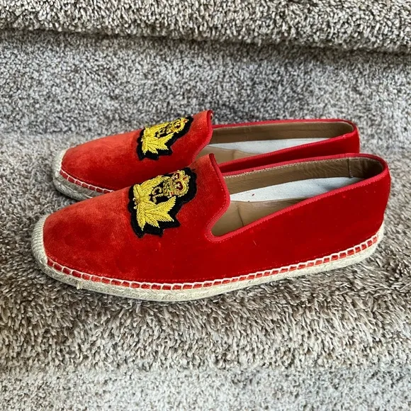 Christian Louboutin Unisex Red Velvet Loafers with Embroidered Crest