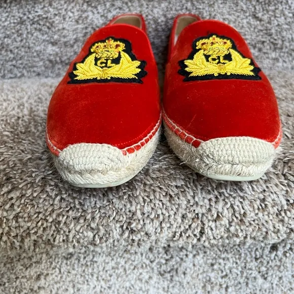Christian Louboutin Unisex Red Velvet Loafers with Embroidered Crest