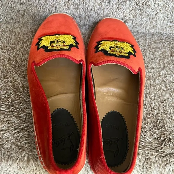 Christian Louboutin Unisex Red Velvet Loafers with Embroidered Crest