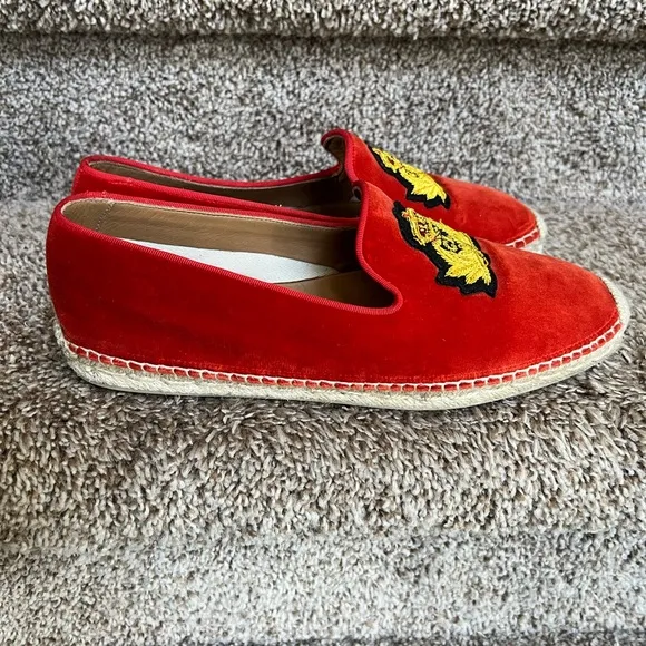 Christian Louboutin Unisex Red Velvet Loafers with Embroidered Crest
