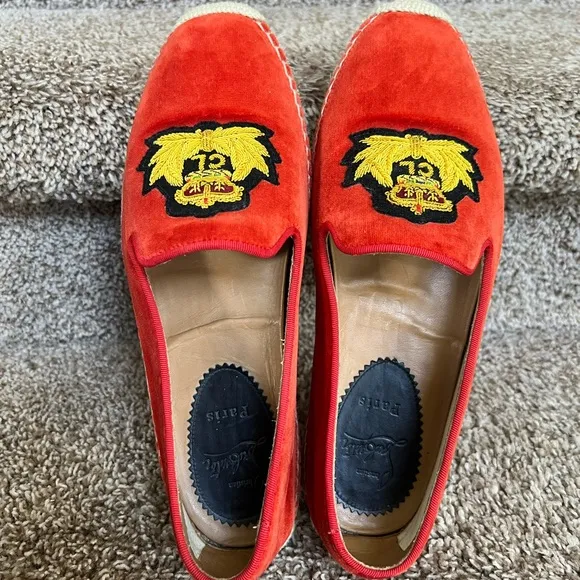 Christian Louboutin Unisex Red Velvet Loafers with Embroidered Crest