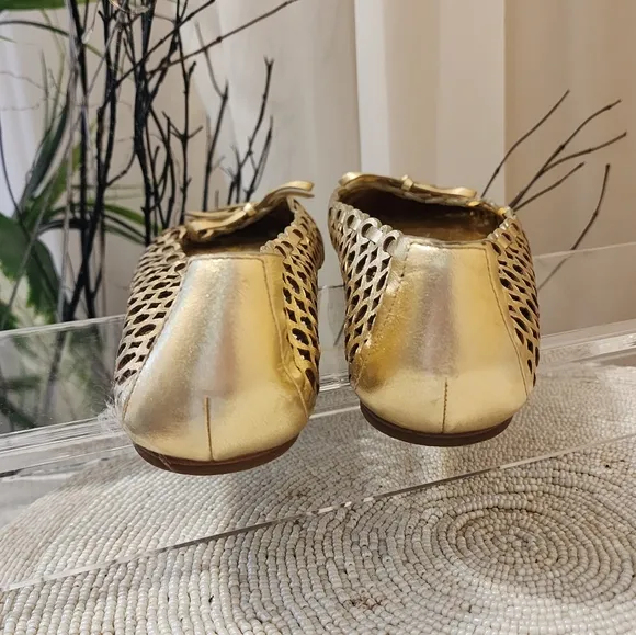 Coach Carsin Metallic Leather Laser Cut Perforations Flats Gold Sz 8.5 .