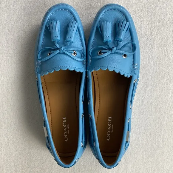 Coach Olympia Tassel Pebble Grain Leather Slip On Driving Loafers (Bluejay)