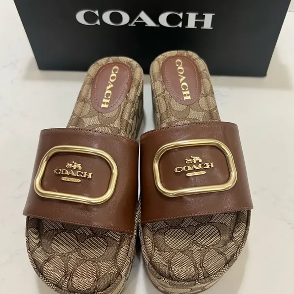 Coach Tan and Gold Logo Slides