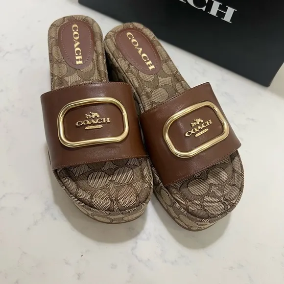 Coach Tan and Gold Logo Slides