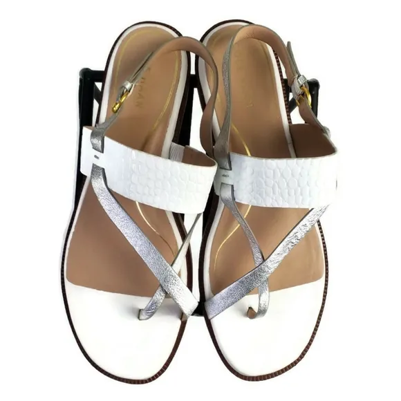 Cole Haan Anica Optic White Silver Embossed Leather Flat Buckle Sandal Women 11
