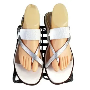 Cole Haan Anica Optic White Silver Embossed Leather Flat Buckle Sandal Women 11