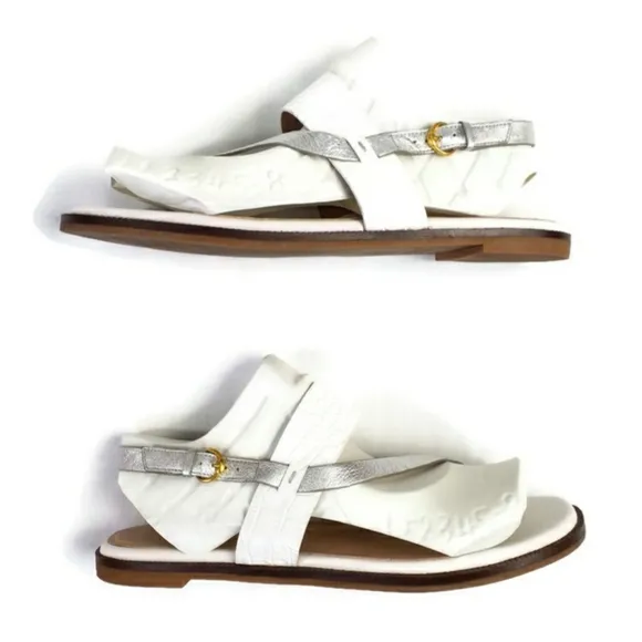 Cole Haan Anica Optic White Silver Embossed Leather Flat Buckle Sandal Women 11
