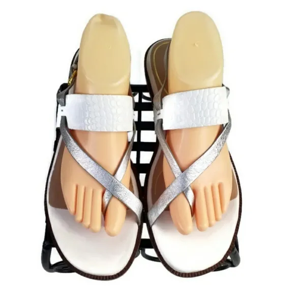 Cole Haan Anica Optic White Silver Embossed Leather Flat Buckle Sandal Women 11
