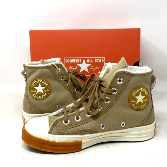 Converse Chuck 70 Sneakers High Casual Women Faux Fur Canvas Suede Khaki A04410C