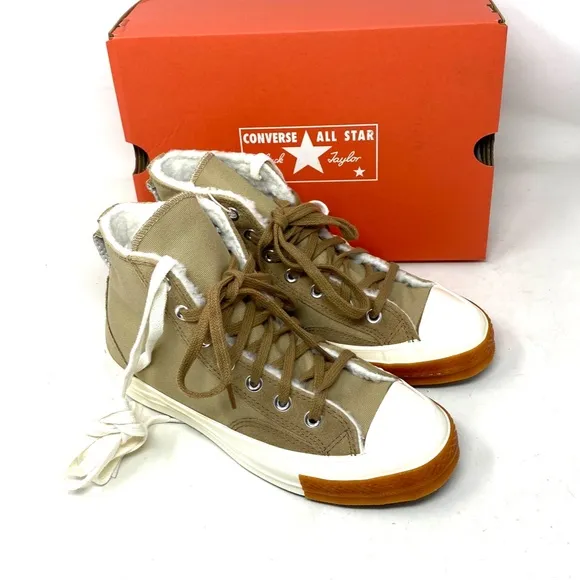 Converse Chuck 70 Sneakers High Casual Women Faux Fur Canvas Suede Khaki A04410C