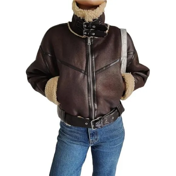 COPY - Winter Women’s Faux Lamb Sherpa Aviator Bomber Jacket – Vintage Cropped …