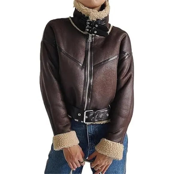 COPY - Winter Women’s Faux Lamb Sherpa Aviator Bomber Jacket – Vintage Cropped …