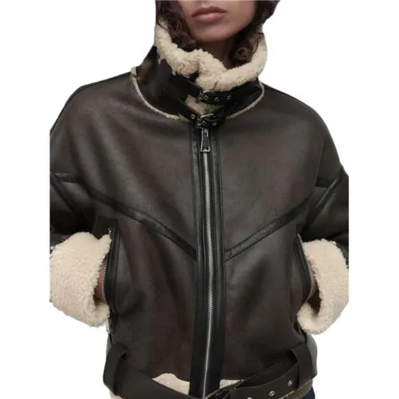COPY - Winter Women’s Faux Lamb Sherpa Aviator Bomber Jacket – Vintage Cropped …
