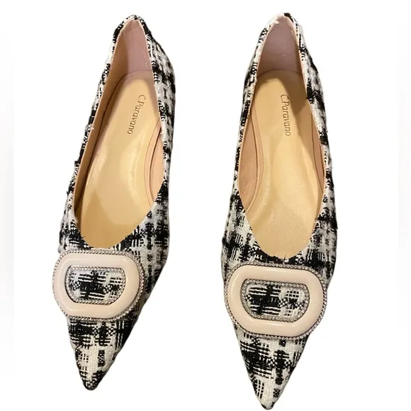C.Paravano~Women’s Pointed Toe Leather Designer Ballet Flats, Black/White