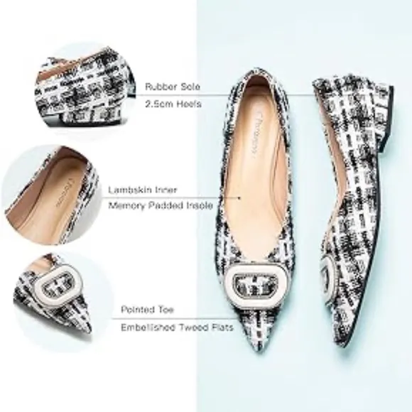 C.Paravano~Women’s Pointed Toe Leather Designer Ballet Flats, Black/White