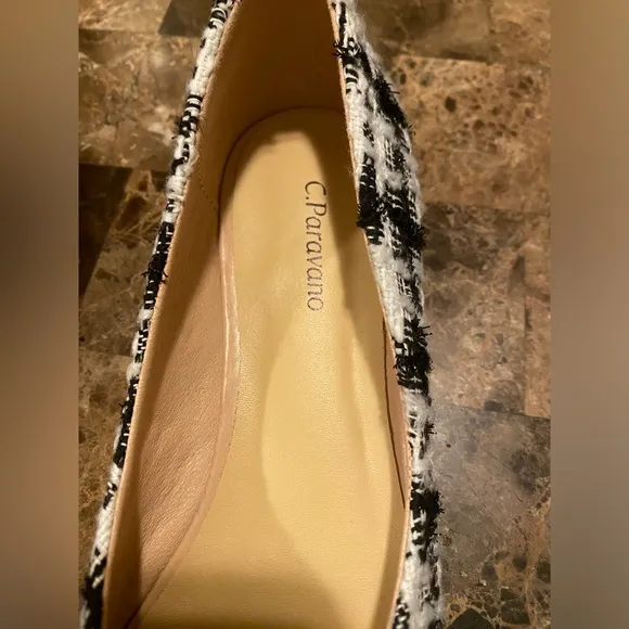 C.Paravano~Women’s Pointed Toe Leather Designer Ballet Flats, Black/White