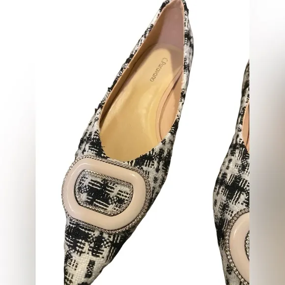 C.Paravano~Women’s Pointed Toe Leather Designer Ballet Flats, Black/White