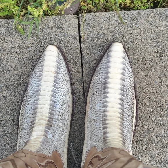Dan Post natural cobra skin cowboy boots in a snip toe. Size 9D.