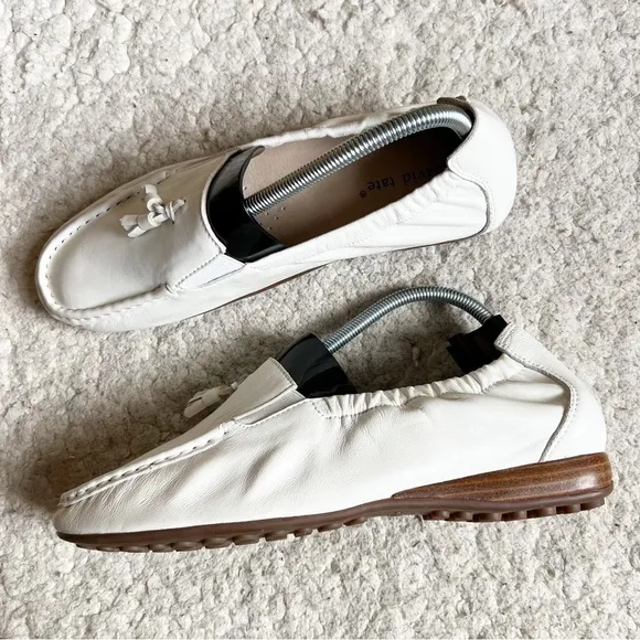 David Tate: Classic Elastic Back White Leather Slip On Tassel Loafers Size 9.5WW
