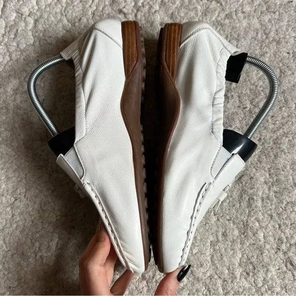 David Tate: Classic Elastic Back White Leather Slip On Tassel Loafers Size 9.5WW