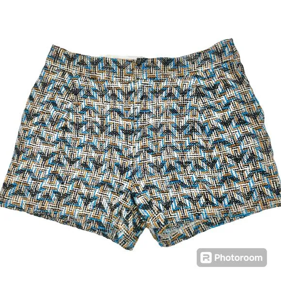 Derek Lam 10 Crosby - Tan, Black &amp; Blue Chevron Tweed High Waisted Shorts Sz 6
