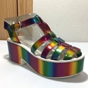 Dolls Kill Y.R.U. Chariot Chunky Platform Loafers Holographic Size 9