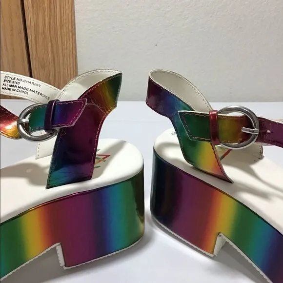 Dolls Kill Y.R.U. Chariot Chunky Platform Loafers Holographic Size 9