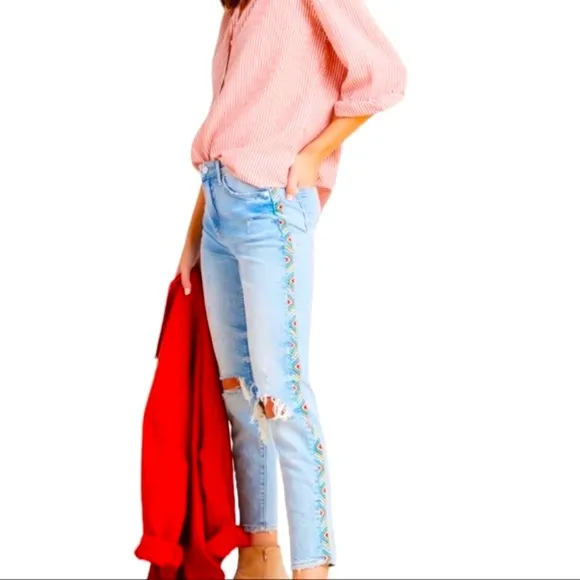 Driftwood x Free People Gizelle 27 High-Rise Embroidered Skinny Jeans New