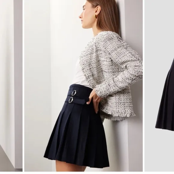 DUNST Buckle Pleated Mini Skirt NAVY Wool Blend Small- Medium