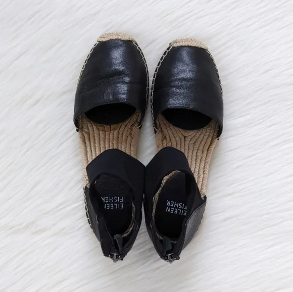 Eileen Fisher Coy Black Leather Espadrille Flats Size 6.5