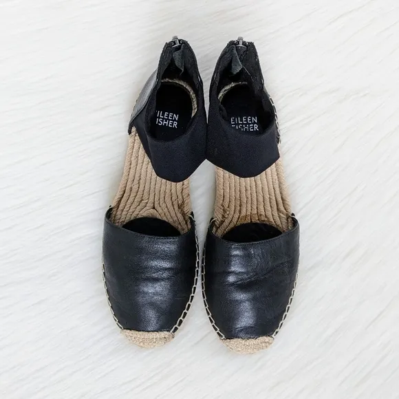 Eileen Fisher Coy Black Leather Espadrille Flats Size 6.5