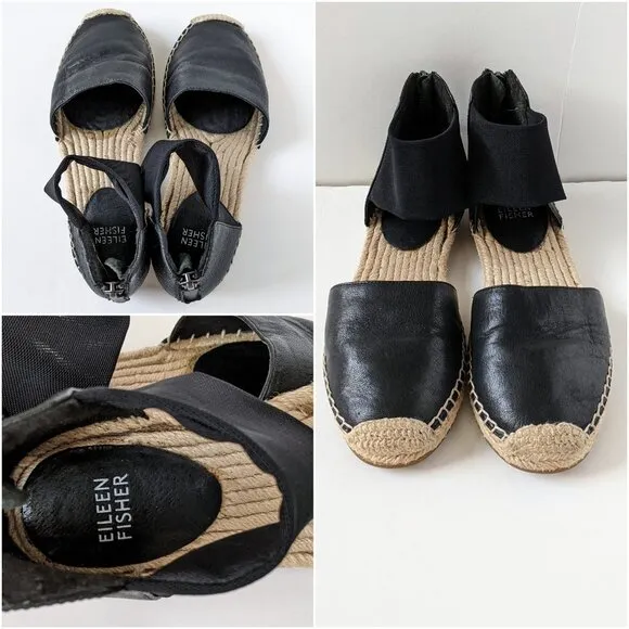 Eileen Fisher Coy Black Leather Espadrille Flats Size 6.5