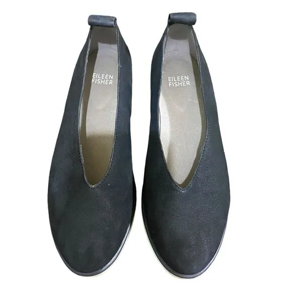 Eileen Fisher Humor Wedge Ballet Flattering V Shaped Upper Slip On Black Shoes