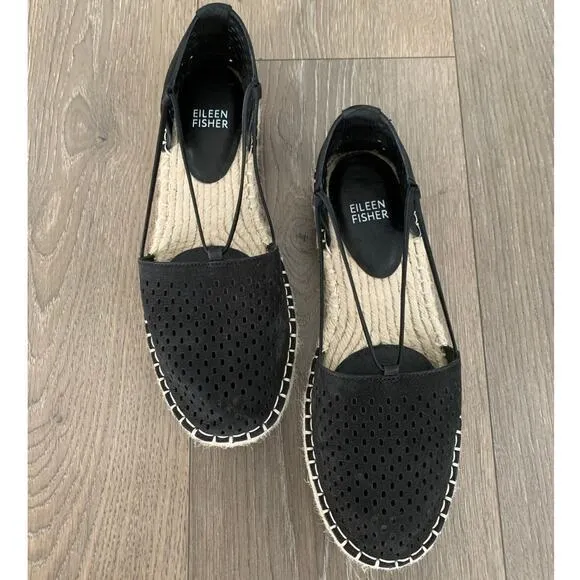 Eileen Fisher‎ Lee 2 Espadrille Flats Black Tumbled Nubuck Perforated Size 8