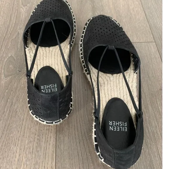 Eileen Fisher‎ Lee 2 Espadrille Flats Black Tumbled Nubuck Perforated Size 8