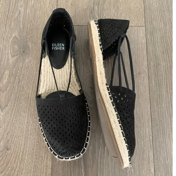 Eileen Fisher‎ Lee 2 Espadrille Flats Black Tumbled Nubuck Perforated Size 8