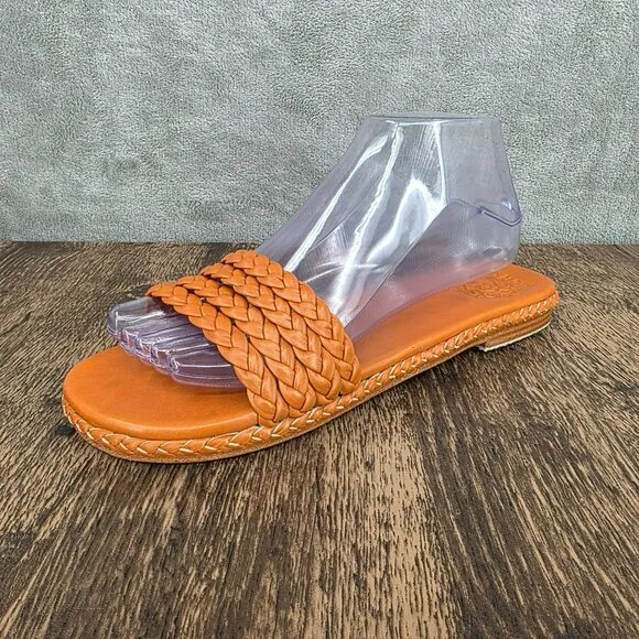 ELF Iris Braided Leather Slides Sandals 11 Dark Tan Leather Handmade Flat Straps