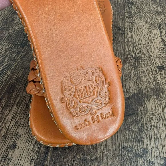 ELF Iris Braided Leather Slides Sandals 11 Dark Tan Leather Handmade Flat Straps