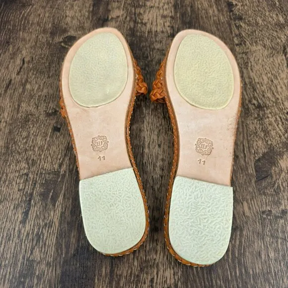 ELF Iris Braided Leather Slides Sandals 11 Dark Tan Leather Handmade Flat Straps