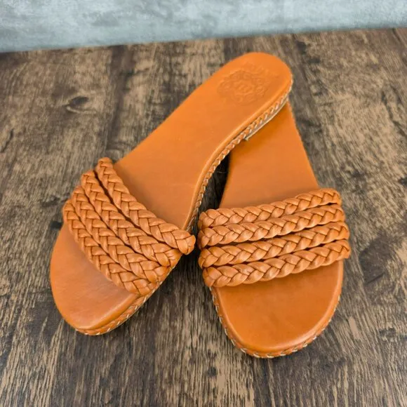ELF Iris Braided Leather Slides Sandals 11 Dark Tan Leather Handmade Flat Straps